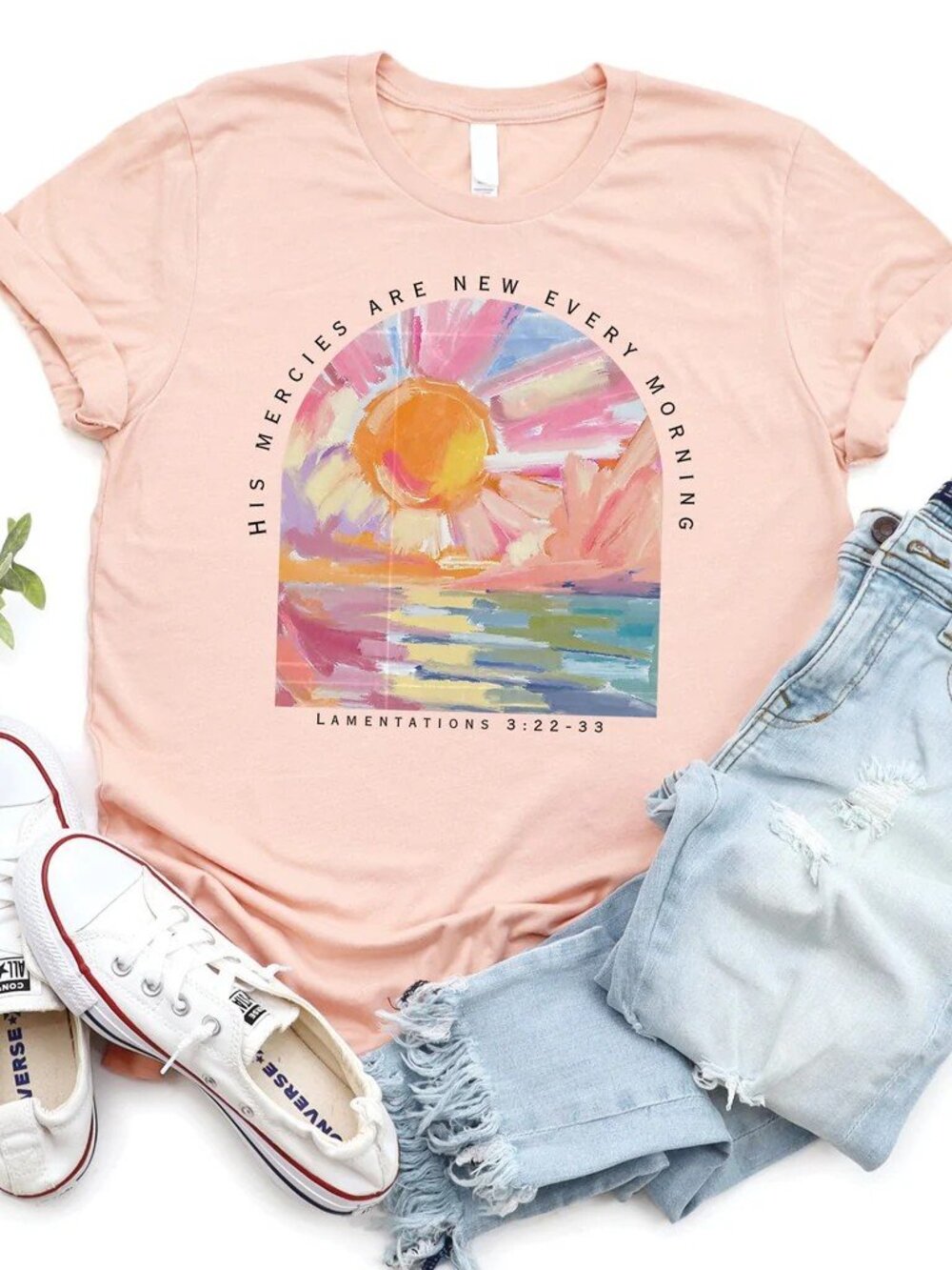 NWOT Love In Faith Women's XL Peach Tee "His Mercies Are New"